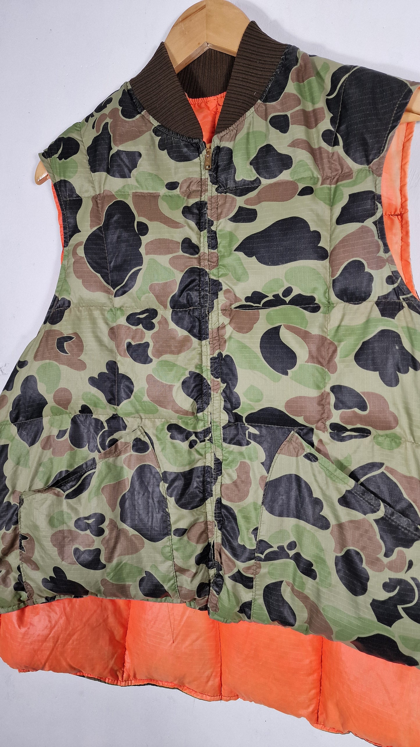 1970s Duck Down Reversible Camo & Blaze Orange Hunting Vest - XL