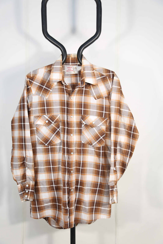 Brown and White Plaid Saddle King Western Shirt with Gold Thread - M