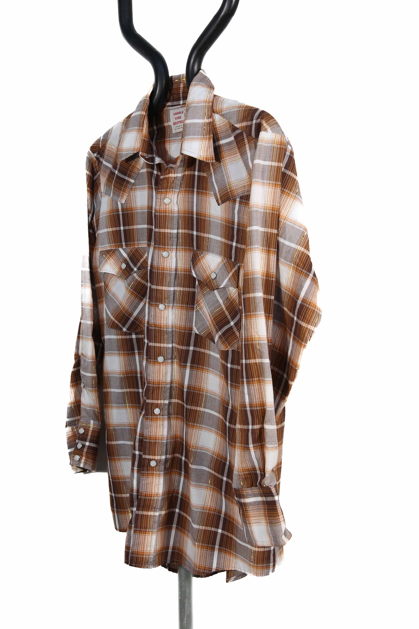 Brown and White Plaid Saddle King Western Shirt with Gold Thread - M