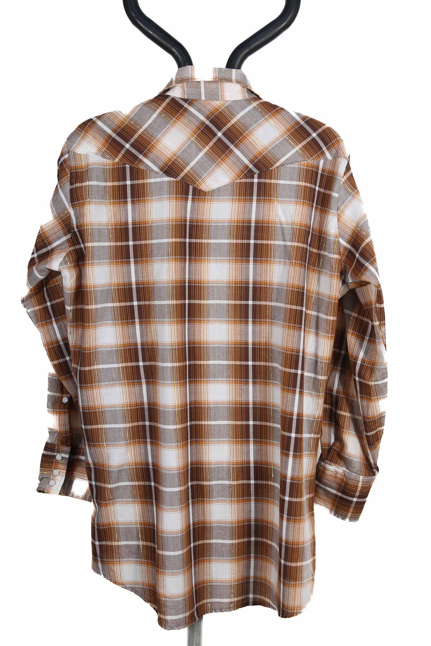 Brown and White Plaid Saddle King Western Shirt with Gold Thread - M