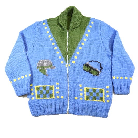 1950's Mary Maxim Moped themed Cowichan wool sweater - M