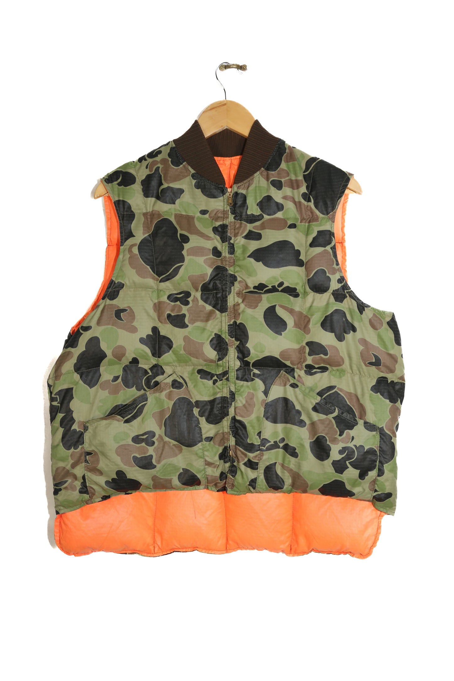 1970s Duck Down Reversible Camo & Blaze Orange Hunting Vest - XL