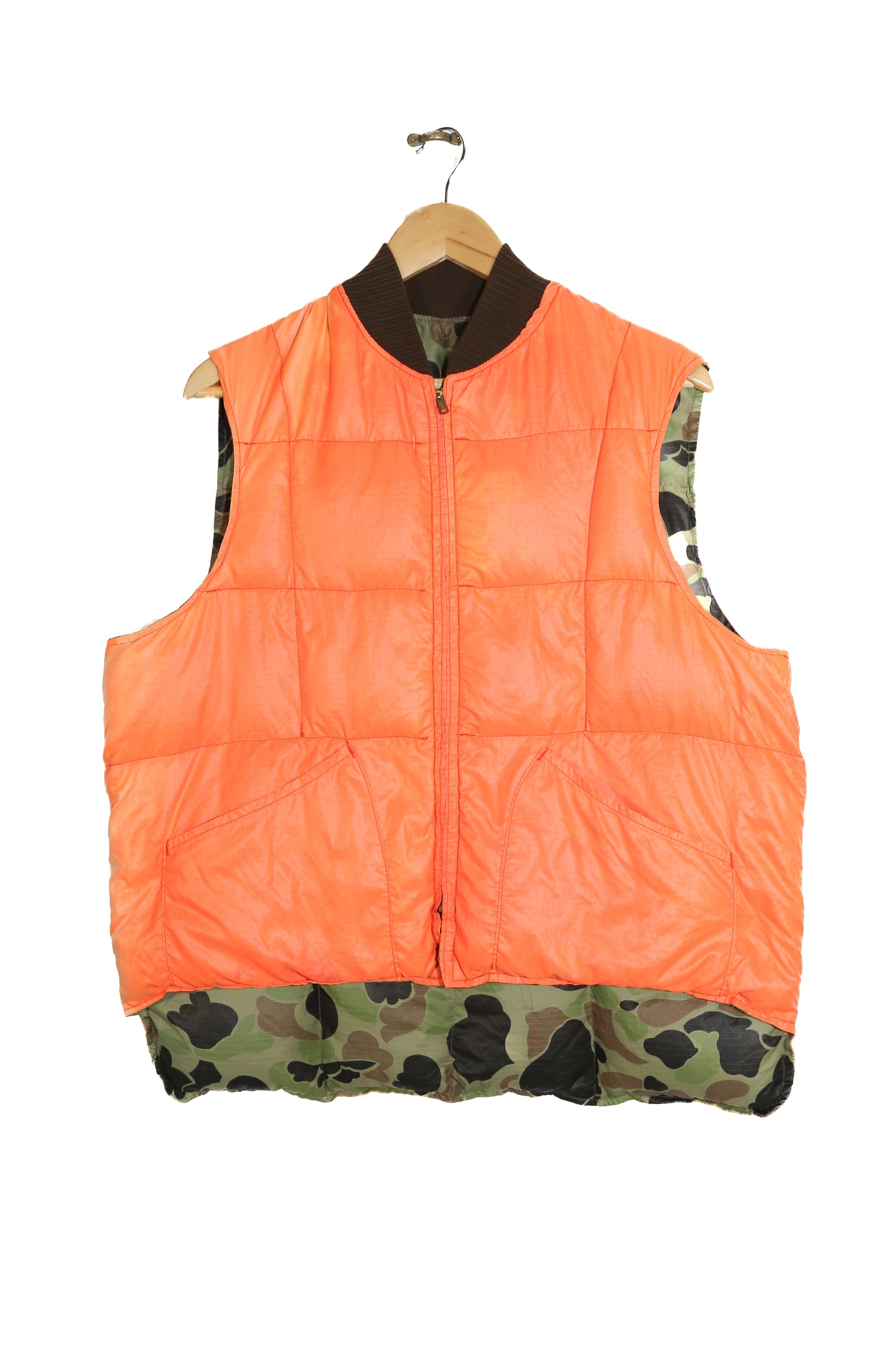 1970s Duck Down Reversible Camo & Blaze Orange Hunting Vest - XL